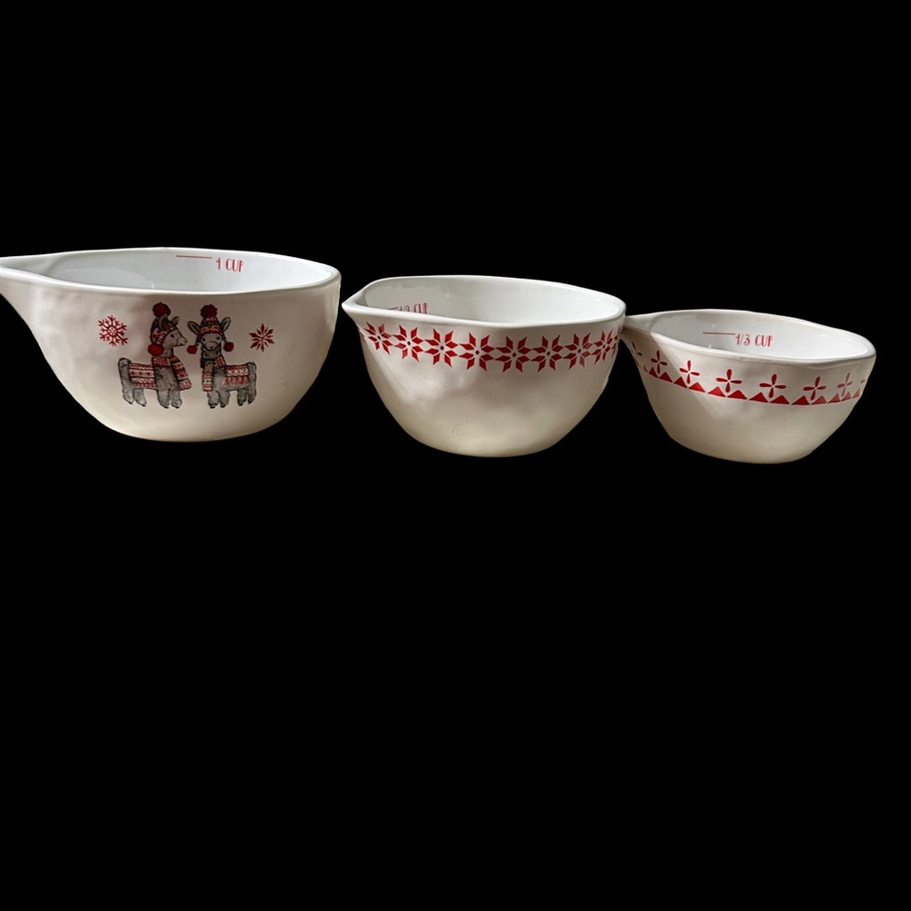 Vintage White Ceramic Nesting Mixing Bowls with Red Holiday Motifs